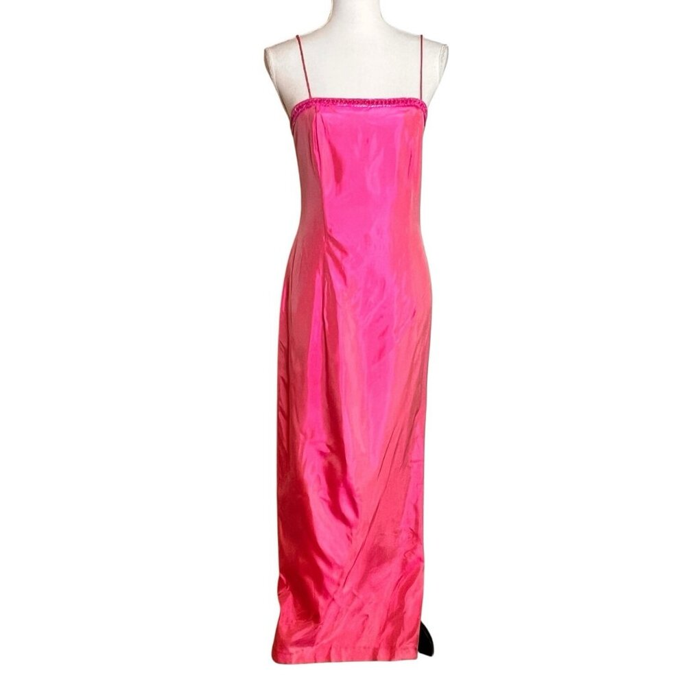 Vtg 90s Y2K Blonde Nites Pink Satin Beaded Slip Maxi Dress XS/S Stains Cleaning